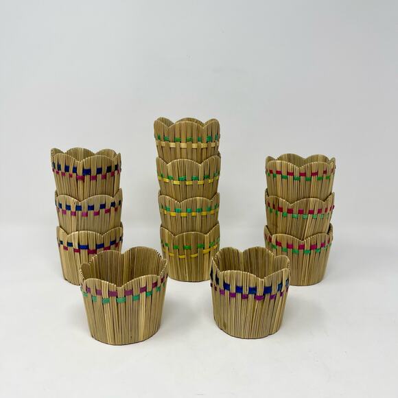 Vintage Tiki Bar Cup Holders Tan Multi Scalloped Woven Straw Japan Set of 12 - Picture 1 of 8